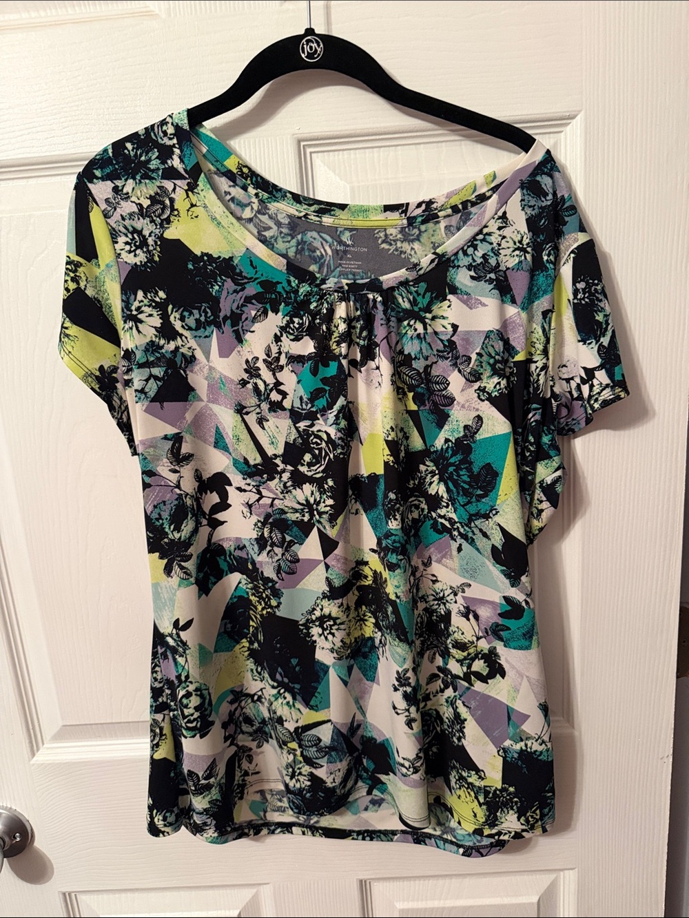 Worthington Scoop Neck Floral Geometric Print Top in Black, Teal, Lime, Lavender